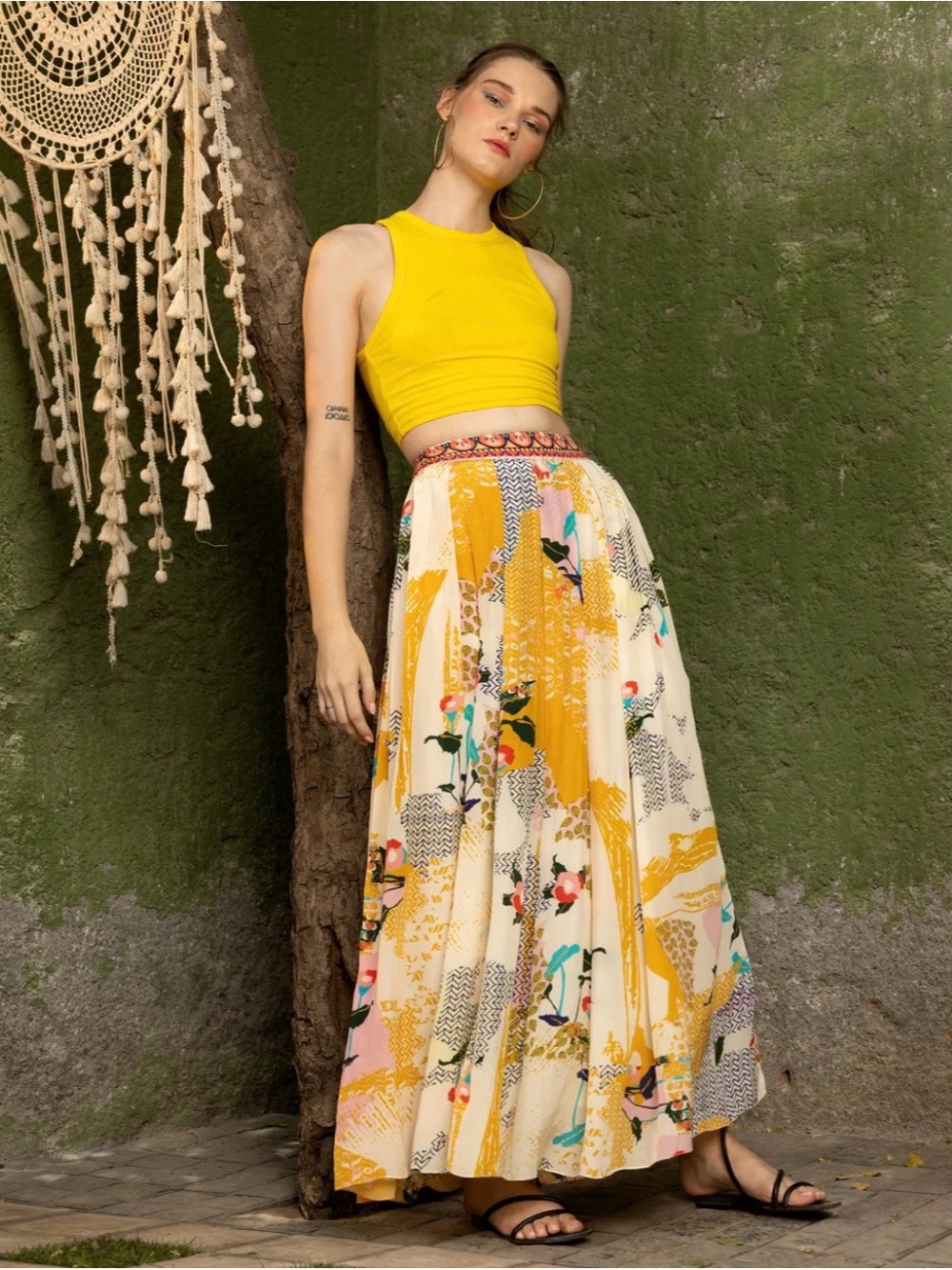 Boho Floral Maxi Skirt - Yellow & Cream